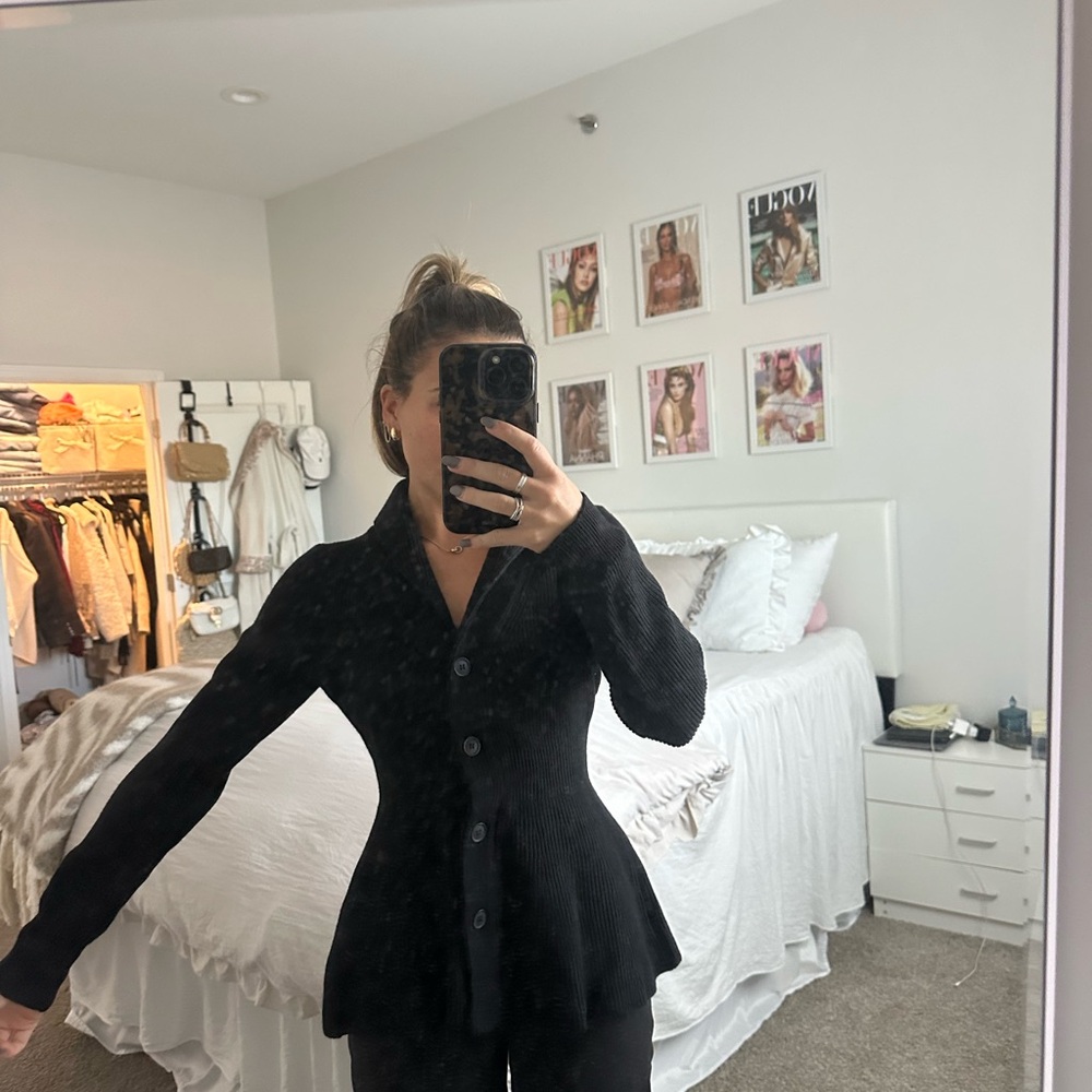 Black Ribbed Peplum Button Front Cardigan